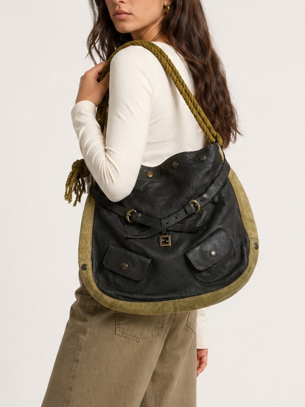 Auth Rare Fendi vintage Green suede & Leather Hobo Bag rope strap Boho slouchy